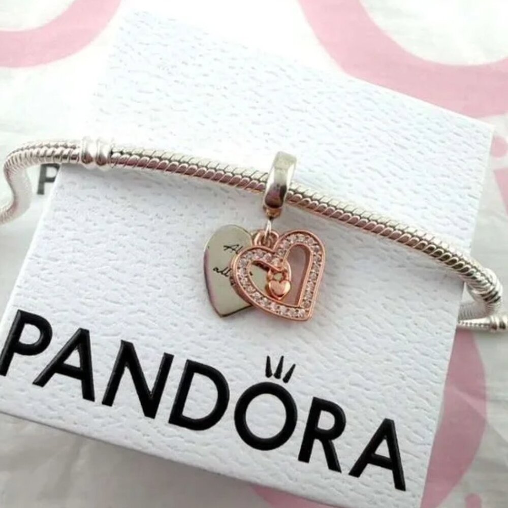 New Pandora Rose and Sterling Silver Sparkling Freehand Heart Dangle Charm